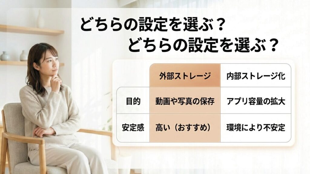 外部ストレージと内部ストレージの比較表 外部ストレージと内部ストレージ化の比較。安定感が高いのは外部ストレージでの動画・写真保存