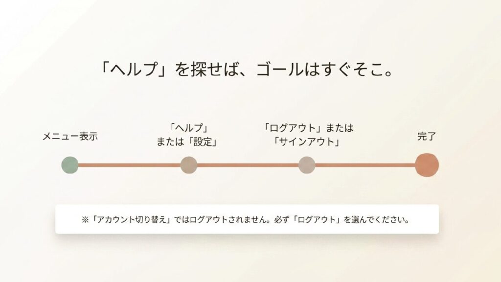Netflixメニューからヘルプまたは設定に進みログアウトを選ぶ手順