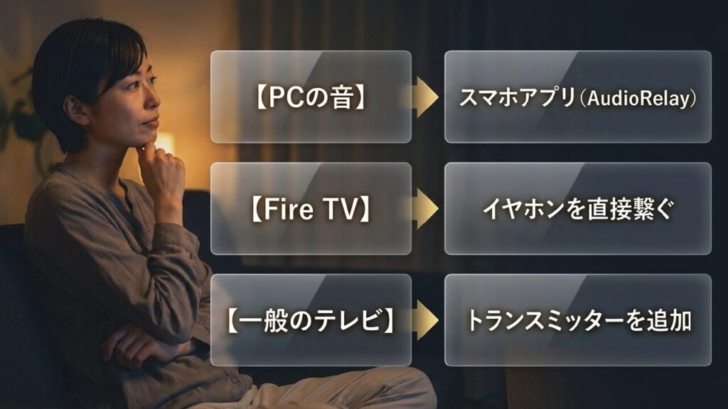 PC、Fire TV、一般テレビごとの音声解決マップ