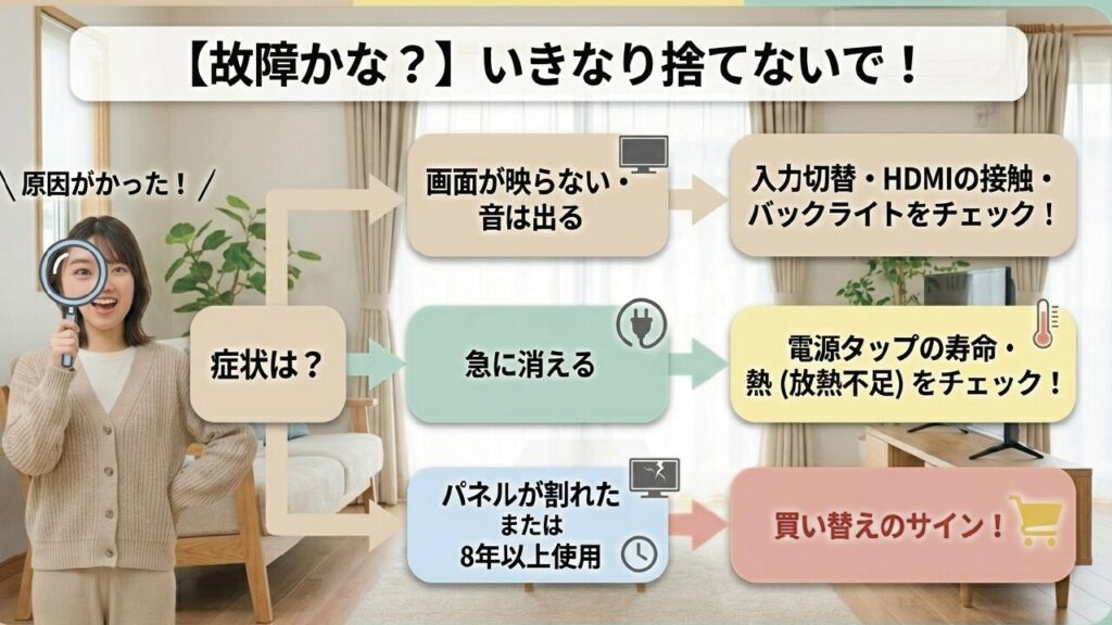 テレビの画面が映らない・急に消えるなどの故障症状と原因チェック