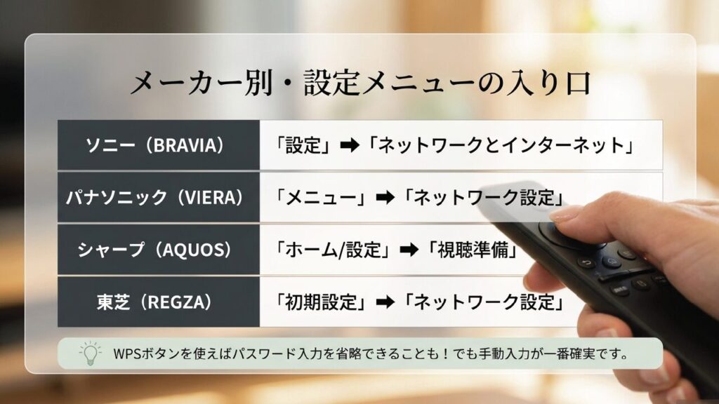 ソニー、パナソニック、シャープ、東芝などメーカー別のWiFi設定画面への入り口