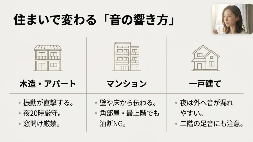 木造アパート、マンション、一戸建ての音の響き方の違い