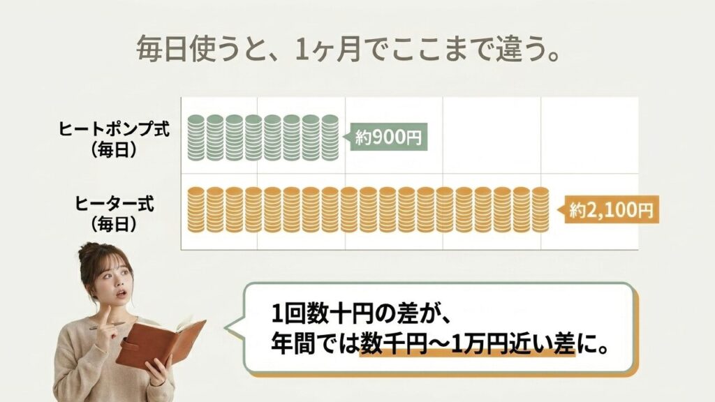 毎日使った場合のヒートポンプ式とヒーター式の1ヶ月の電気代比較