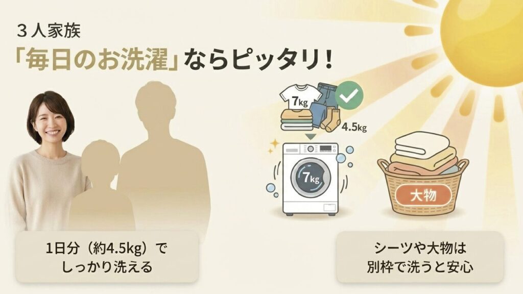 3人家族の7kg洗濯機は毎日のお洗濯にピッタリ。1日分がしっかり洗える