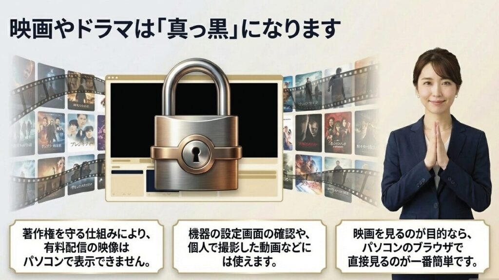 著作権保護機能により有料配信の映画やドラマはパソコン上で真っ黒になる注意点