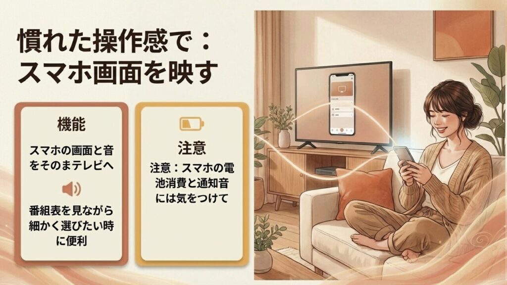 スマホ画面をテレビにミラーリングして操作するメリットと注意点