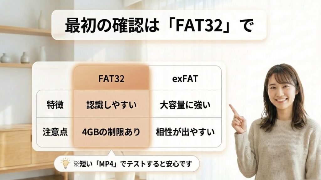 FAT32とexFATの特徴と違い 最初の確認はFAT32で。認識しやすいが4GB制限あり。短いMP4でテストすると安心