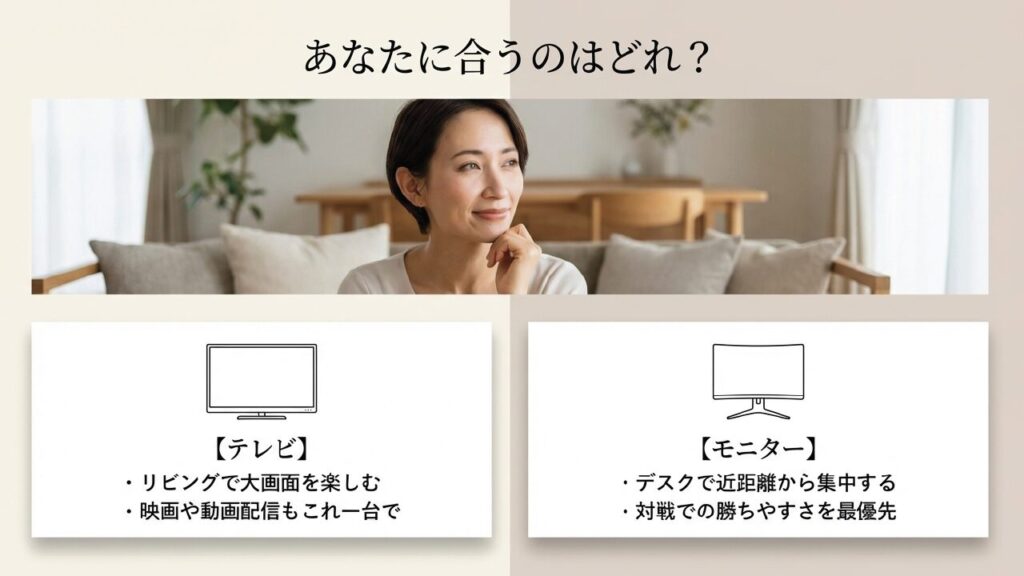 テレビ（リビングで大画面）とモニター（デスクで近距離）、あなたに合うのはどれ？