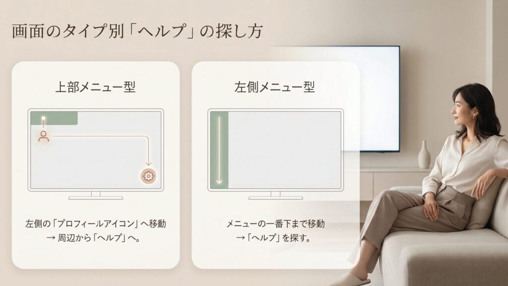 上部メニュー型と左側メニュー型のNetflixヘルプ画面の探し方の違い