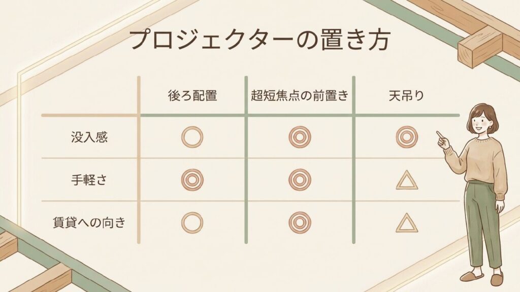 プロジェクターの置き方（後ろ配置、超短焦点、天吊り）の比較表