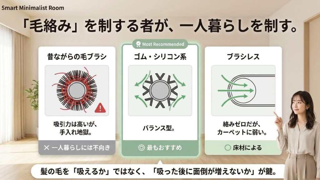 昔ながらの毛ブラシとゴム・シリコン系ブラシ、ブラシレスの毛絡み比較