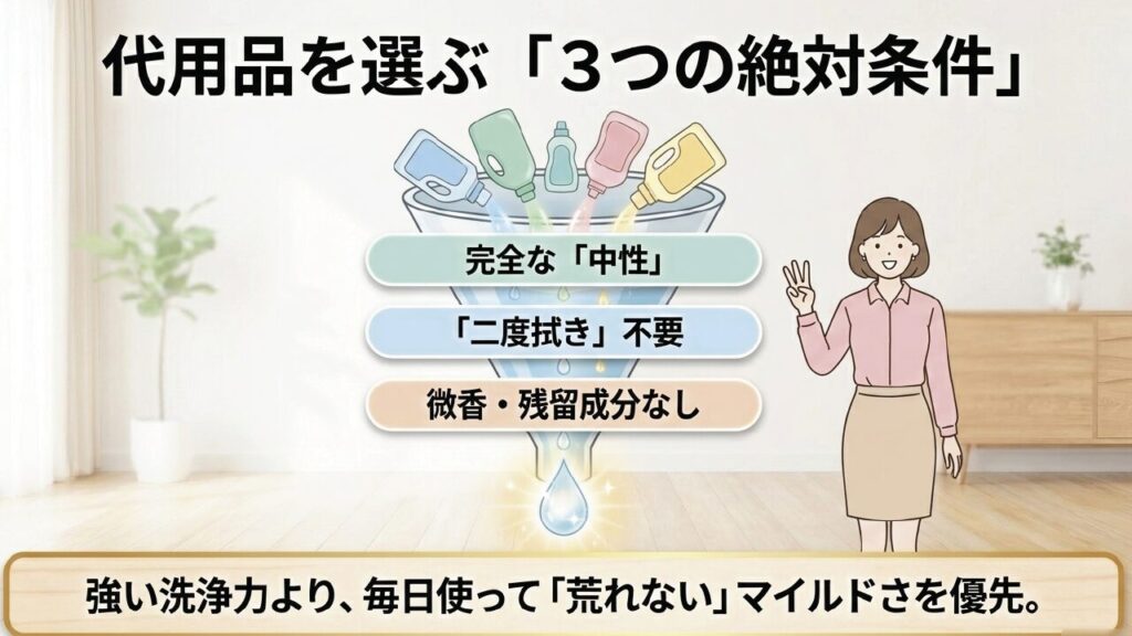 代用洗剤を選ぶ3つの絶対条件：中性、二度拭き不要、微香・残留成分なし