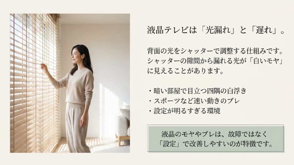 液晶テレビの光漏れと処理遅れによるモヤ