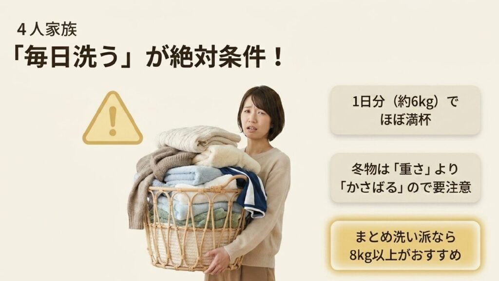 4人家族の7kg洗濯機は毎日洗うのが絶対条件。1日分でほぼ満杯