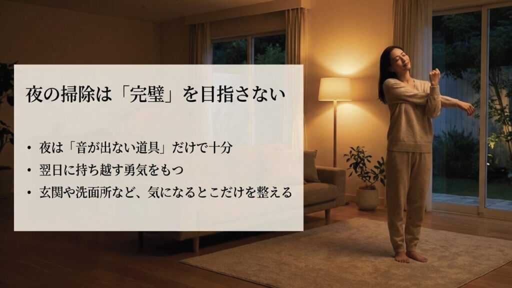 夜の掃除は完璧を目指さず、音が出ない道具で軽く整える