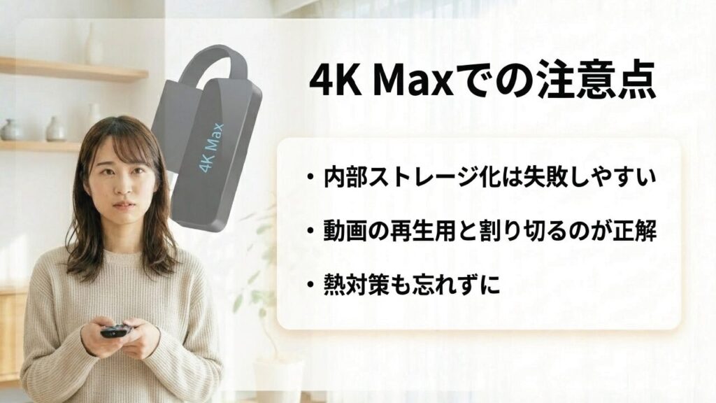 Fire TV Stick 4K Max利用時の注意点 4K Maxでの注意点:内部ストレージ化は失敗しやすい、動画の再生用と割り切る、熱対策も忘れずに