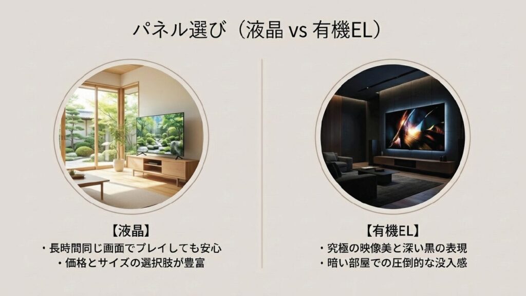 パネル選び：液晶（安心感と選択肢） vs 有機EL（究極の映像美と深い黒）