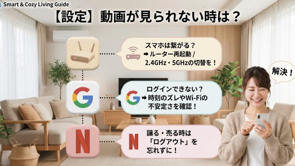 テレビの動画が見られない・Wi-Fi設定やログアウトの解決法