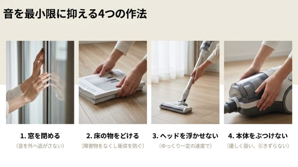 窓を閉める、床の物をどける、ヘッドを浮かせない、本体をぶつけない4つの作法