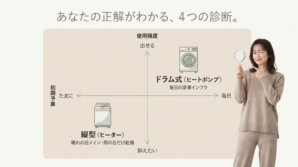 使用頻度と初期予算でわかる洗濯機の選び方マトリクス
