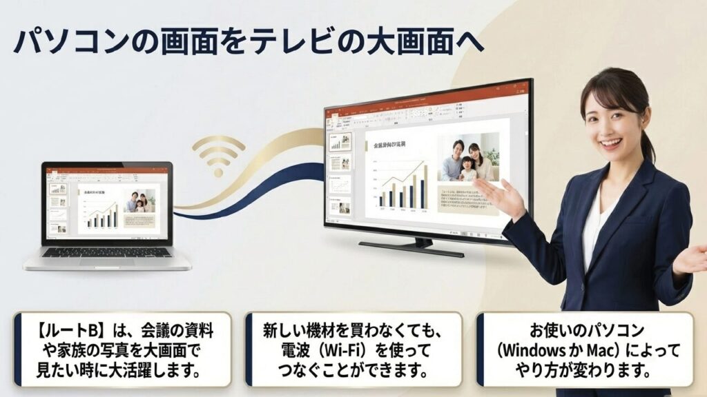 パソコンの画面をテレビの大画面へWi-Fi経由で映すルートBの活用シーン