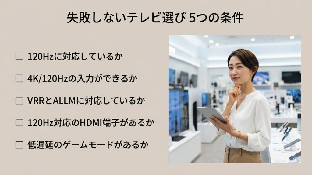 失敗しないテレビ選び5つの条件（120Hz、4K/120Hz入力、VRR/ALLM、対応HDMI端子、低遅延ゲームモード）