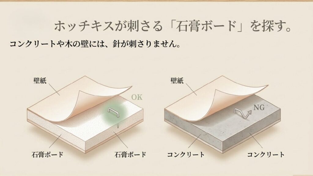 ホッチキスが刺さる石膏ボードを探す