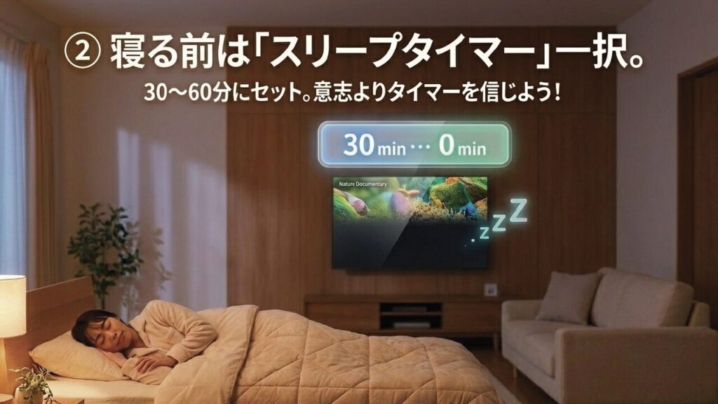 寝る前は30分から60分のスリープタイマーをセットする