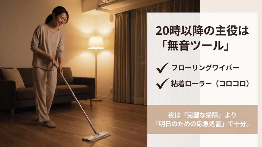 20時以降はフローリングワイパーや粘着ローラーで明日のための応急処置