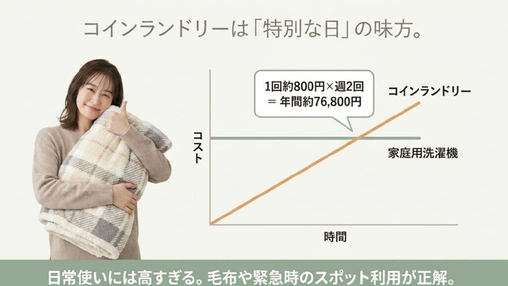 家庭用洗濯機とコインランドリーのコスト比較グラフ