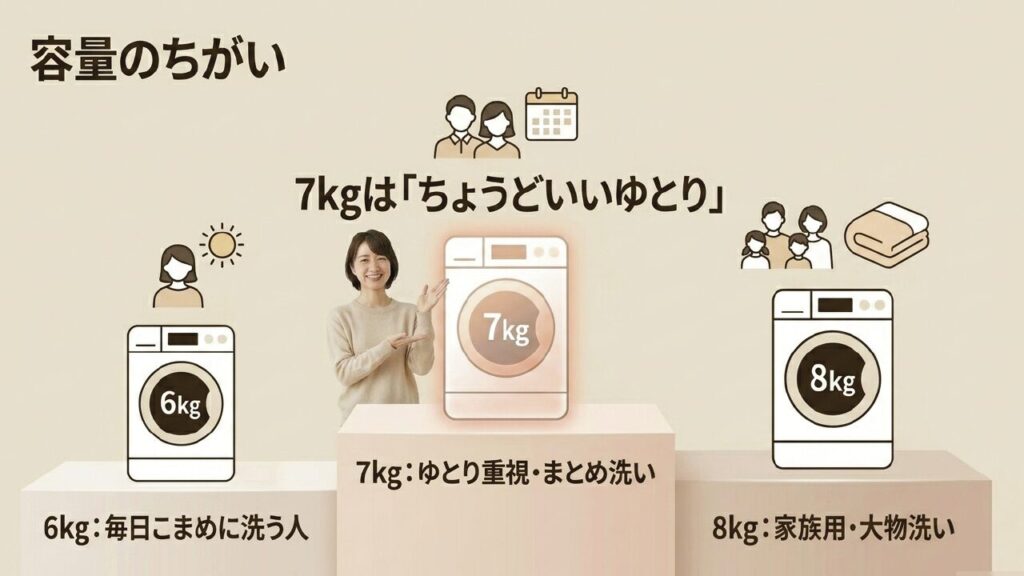 洗濯機の容量の違い。6kg、7kg、8kgの比較