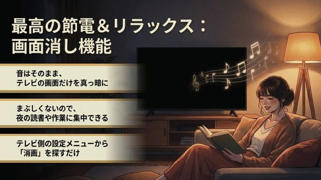 テレビの消画機能を使って音だけを楽しむ方法