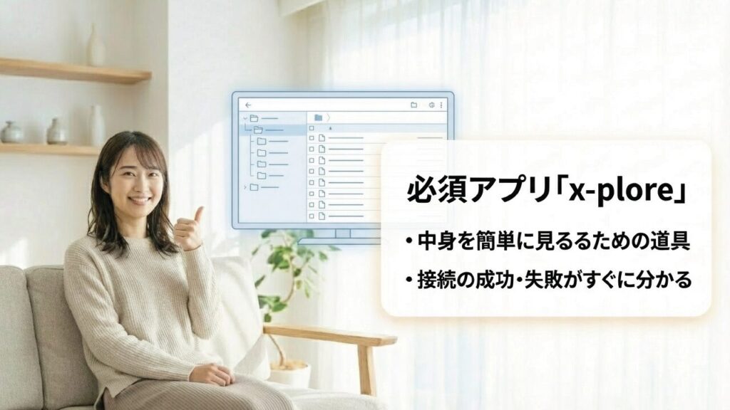 ファイル管理アプリx-ploreの役割 必須アプリx-plore:中身を簡単に見るための道具で、接続の成功・失敗がすぐに分かる