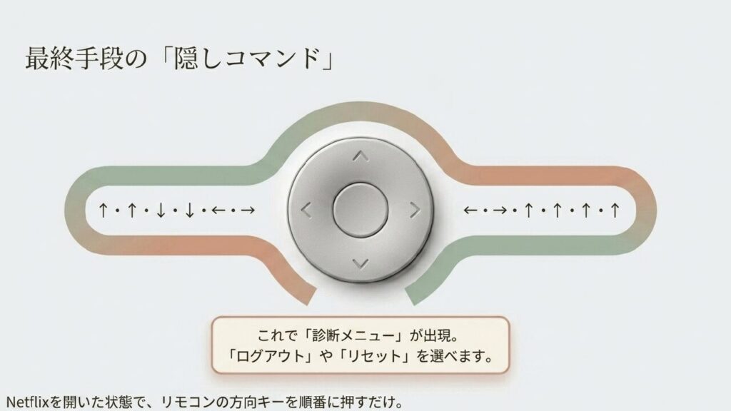 リモコンの方向キーを順番に押して診断メニューを出す隠しコマンド