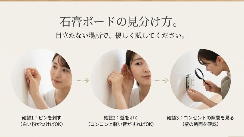 石膏ボードの見分け方（ピン、ノック、コンセント）