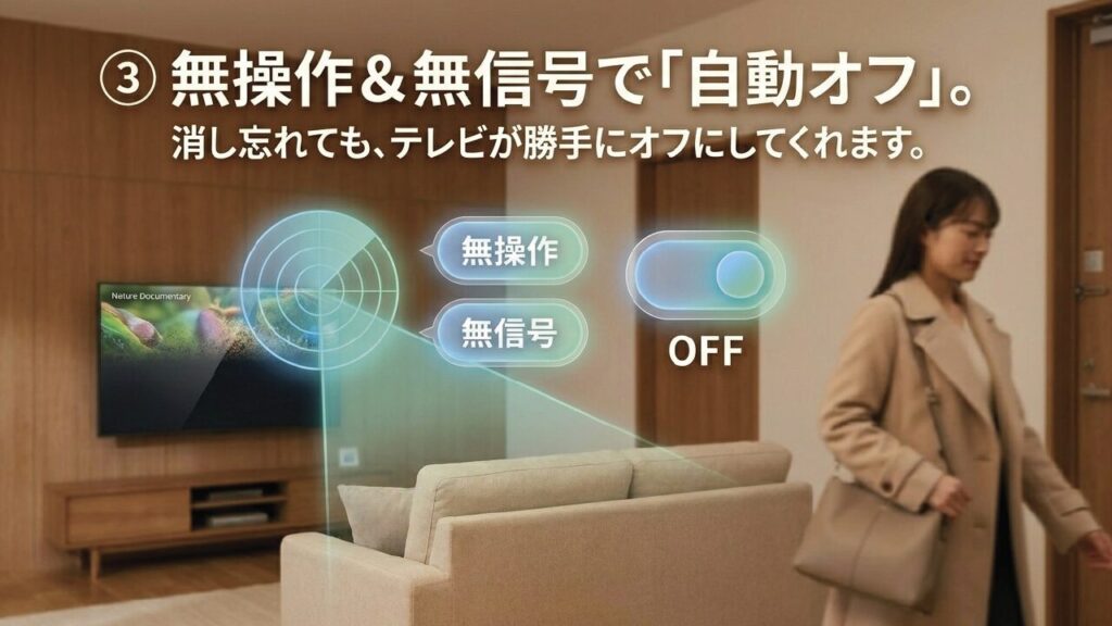 無操作と無信号で自動オフにする消し忘れ防止設定