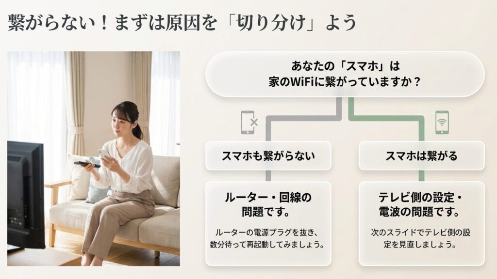スマホが繋がるかどうかでWiFiの問題がルーター側かテレビ側かを切り分ける方法