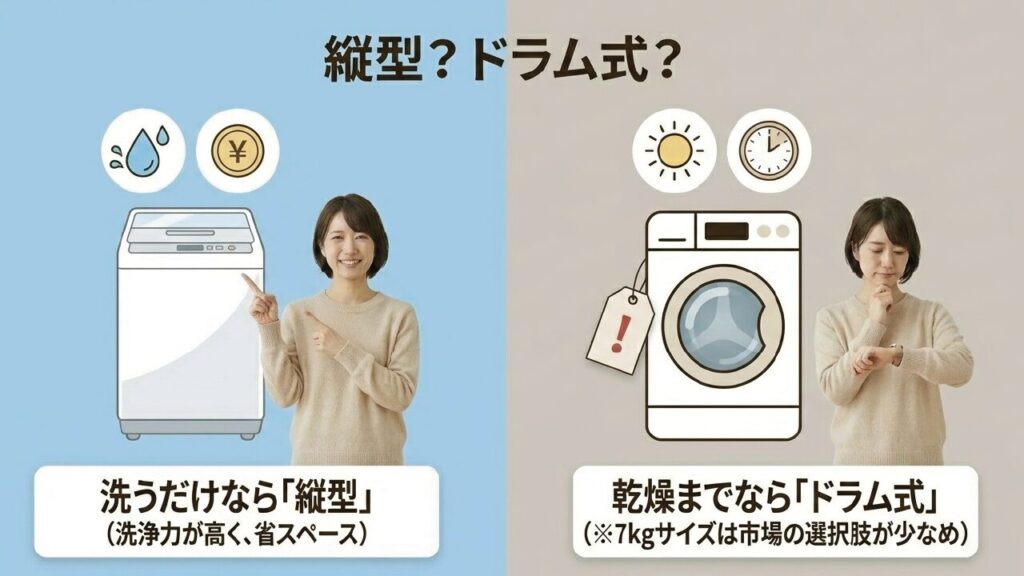 縦型洗濯機とドラム式洗濯機の選び方の違い