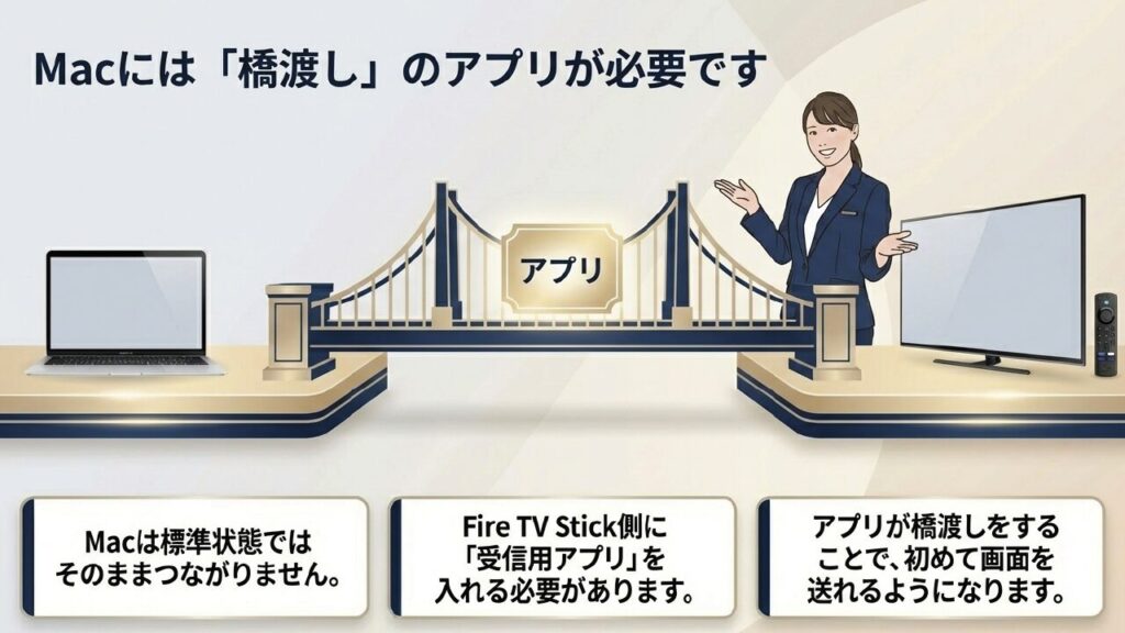 MacからFire TV Stickへ画面を映すには橋渡しとなる受信用アプリが必要であることの図解