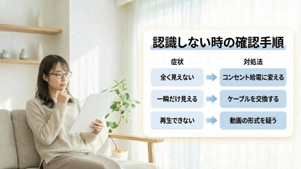 USBメモリが認識しない場合のトラブルシューティング 認識しない時の確認手順:全く見えない時はコンセント給電に、一瞬見える時はケーブル交換、再生できない時は形式を疑う