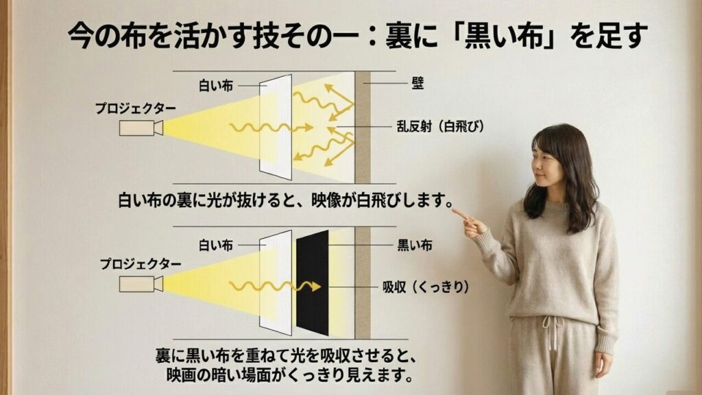 黒い布を重ねる効果 白い布の裏に黒い布を重ねて光の乱反射を防ぐ仕組みの図解