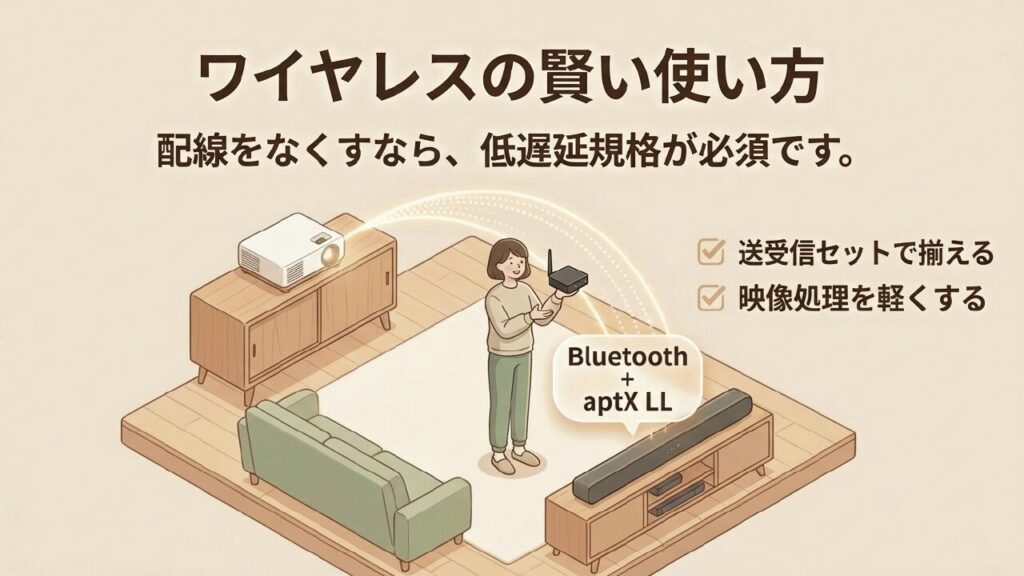 ワイヤレス接続はBluetoothとaptX LLなど低遅延規格のセットが必須