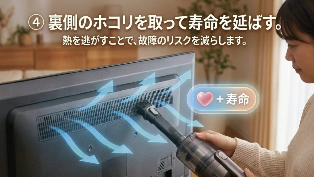 テレビ裏側のホコリを取って熱を逃がし寿命を延ばす