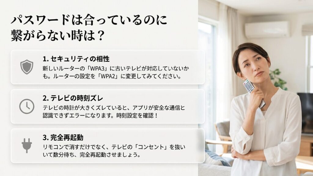 セキュリティの相性やテレビの時刻ズレなど、パスワードが合っているのに繋がらない時の確認事項