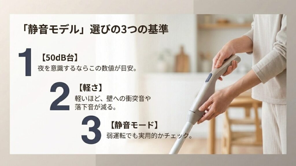 50dB台、軽さ、静音モードの実用性という静音モデル選びの3つの基準