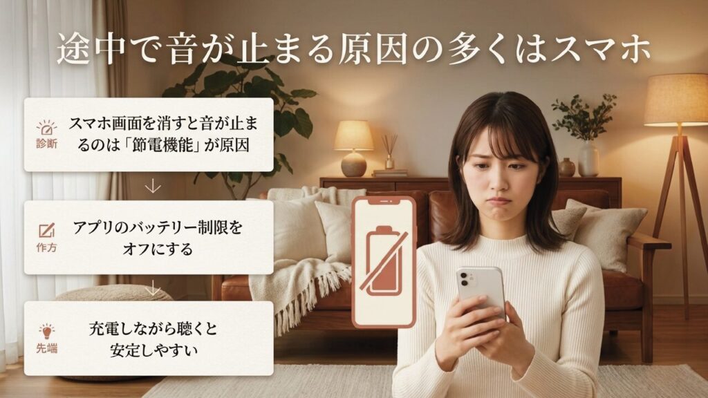 バックグラウンド再生で音が止まる原因とバッテリー制限の解除方法