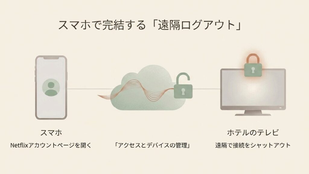 ホテルでNetflixをログアウトし忘れてもスマホから遠隔操作できることを示す図