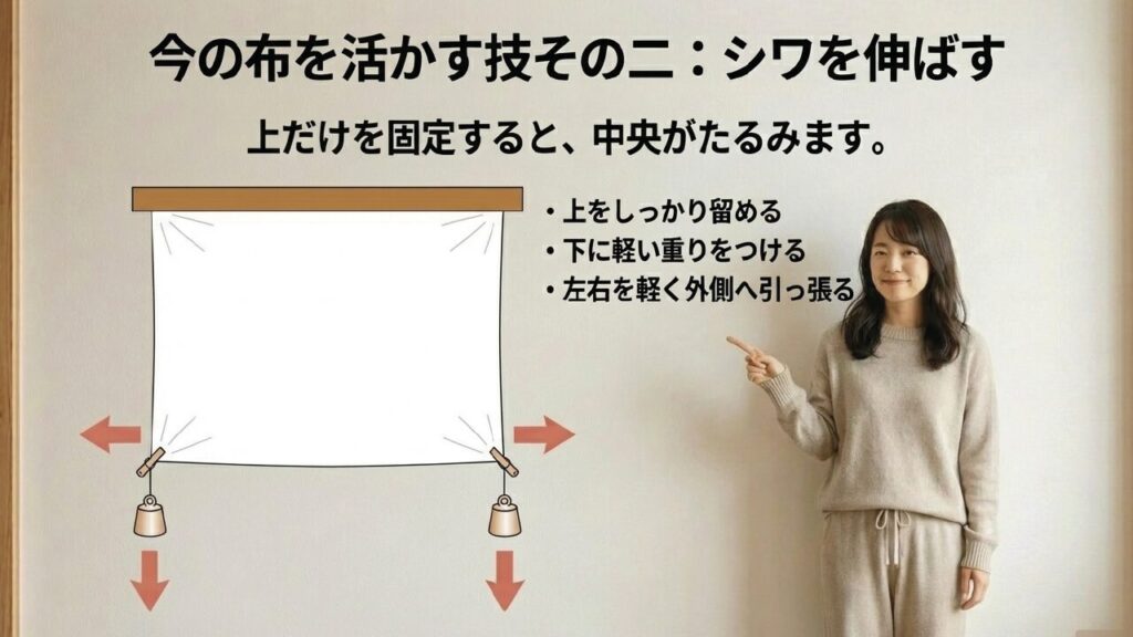 シワを伸ばす設置のコツ スクリーンのシワを伸ばす方法(上部固定、下部重り、左右引っ張り)