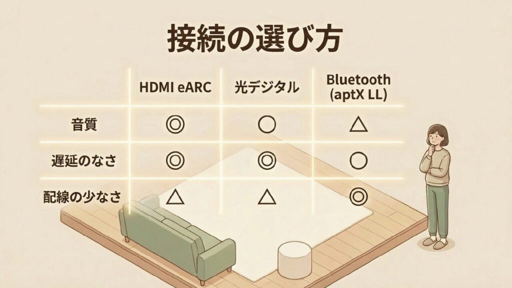 HDMI eARC、光デジタル、Bluetoothの接続方法比較表