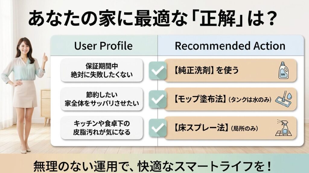 保証期間中、節約志向、局所汚れなど目的に応じた洗剤代用の最適解マトリクス